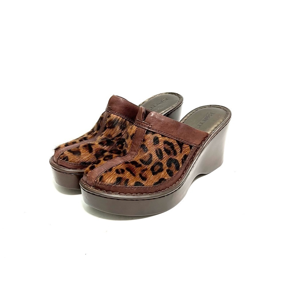 Vintage 1990s brown leather leopard print pony hair platform wedge mule clogs - Picture 6 of 8